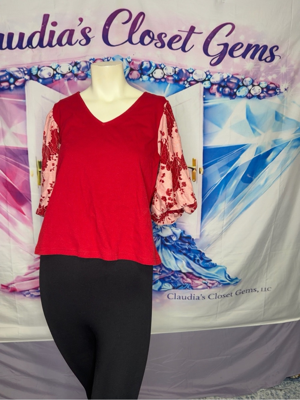 Dolan Red V-Neck Top with Pink Floral Puff Sleeves